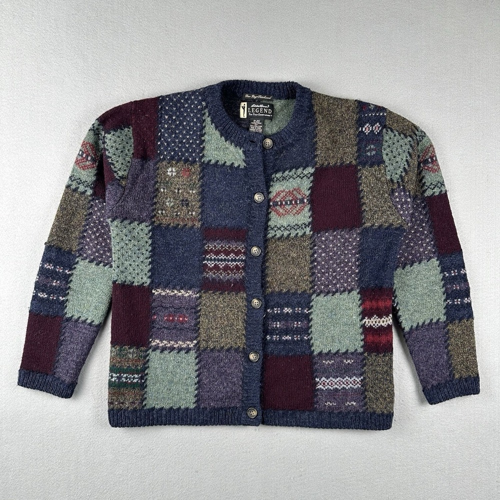 VTG Eddie Bauer Legend Cardigan Sweater Sz Small 100% Wool Deer Bay Patchwork